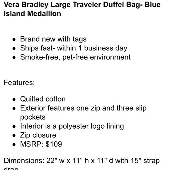 ‼️holiday sale-FIRM‼️ NWT Vera bradley large duffel bag blue island medallion - Picture 9 of 11